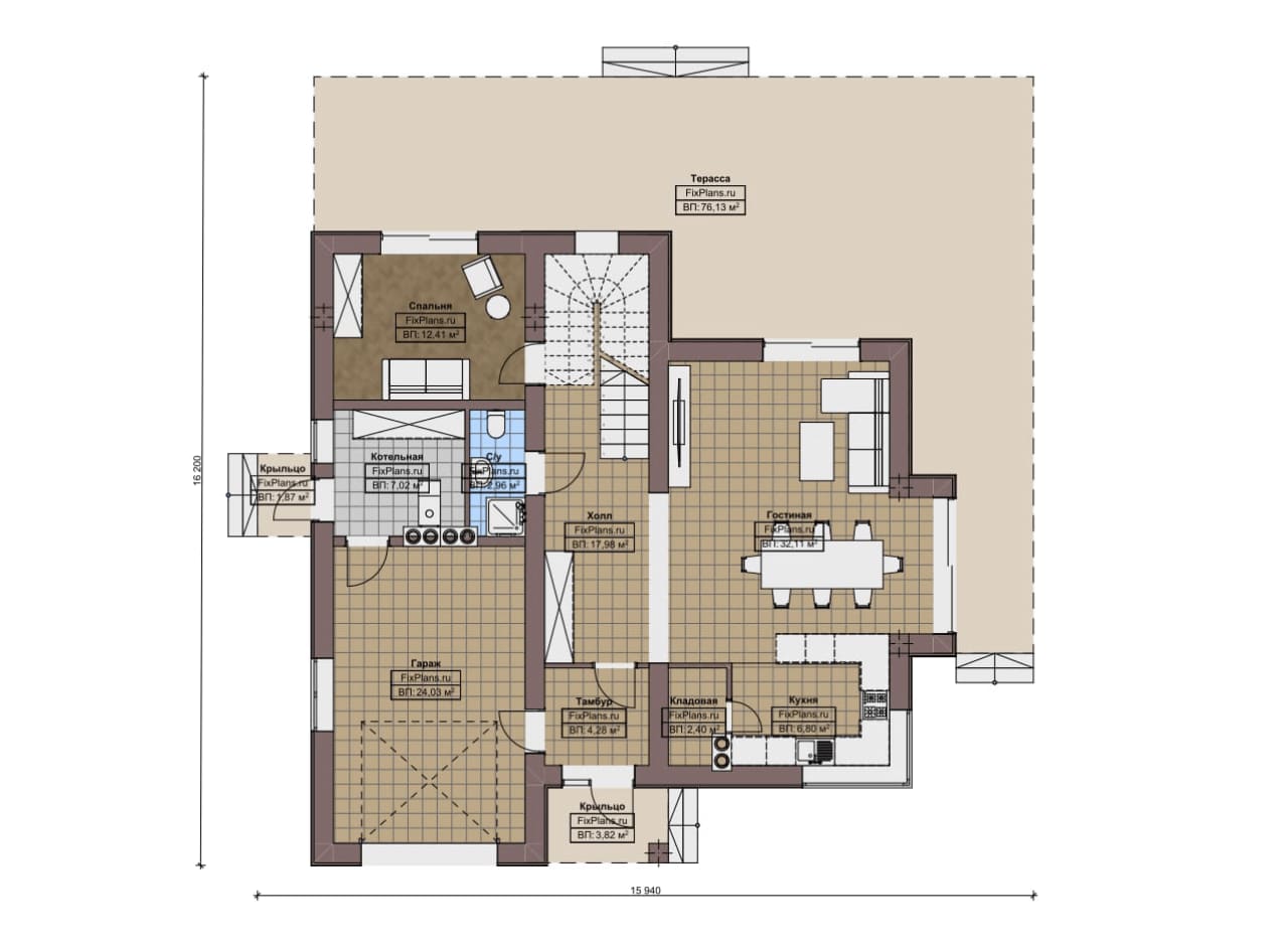 Планировка Одноэтажный дом с мансардой  F-15884